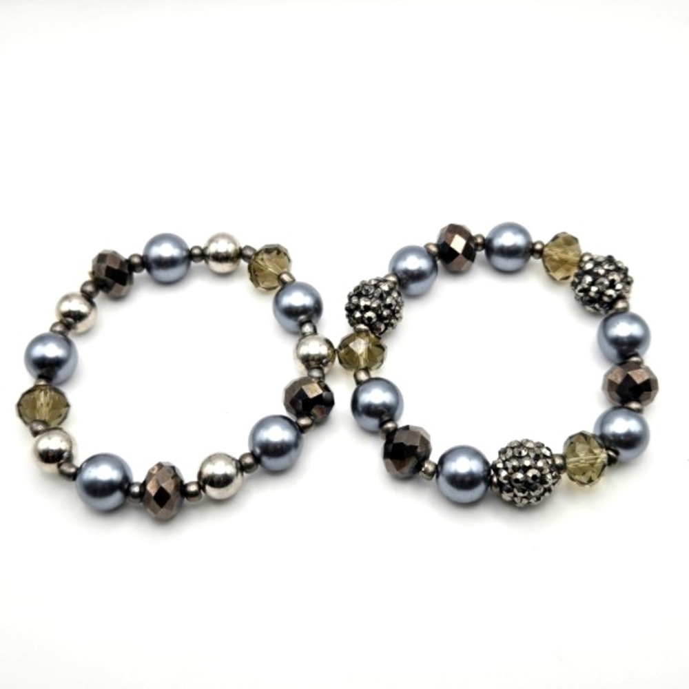 Two Silver and Bronze Toned Stretch Bracelets Glass Faux Pearls Faceted Beads